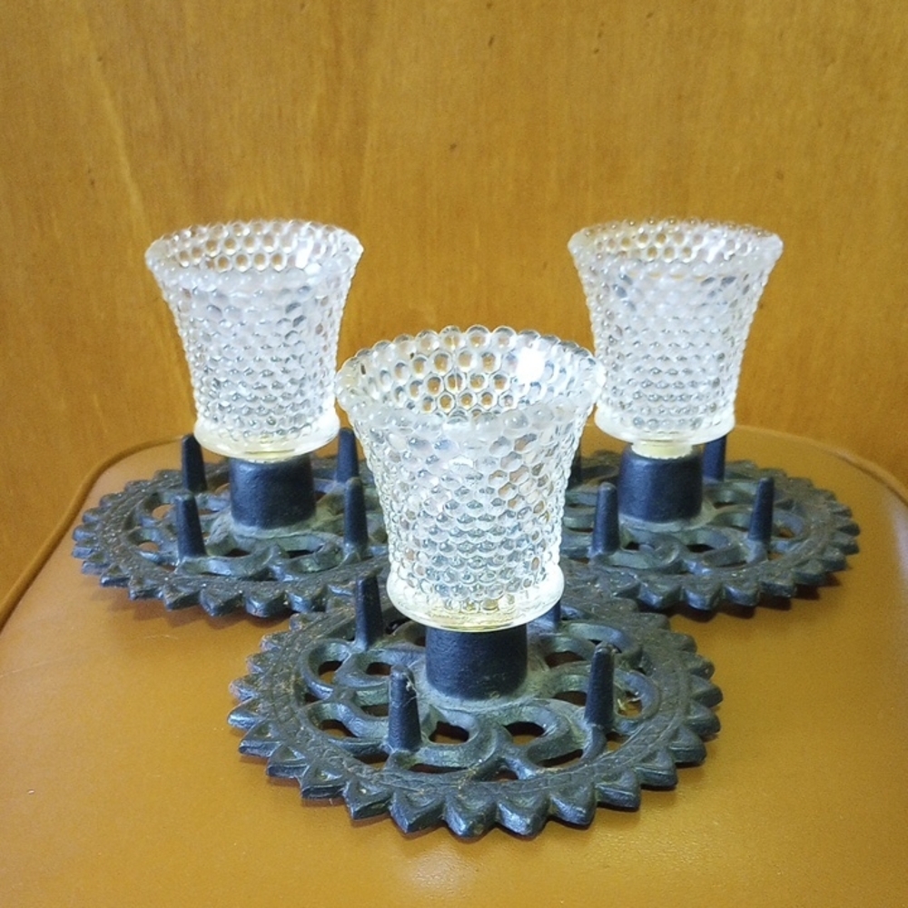 Vintage Black Wrought Iron & Glass Triple Votive Candle Holder